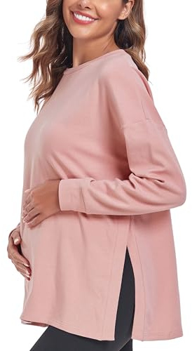 Ecavus Damen Umstandsshirt Langarm Umstandstop mit Seitenschlitzen | 95% Baumwolle, Weich und Elastisch, Lockerer Schnitt, für Schwangerschaft, Alltag, BüRo und Entspannte Stunden zu Hause