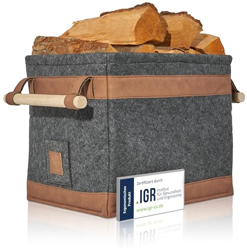 OAKAGE® Holzkorb für Kaminholz Groß [Schmutzabweisendes Innenfutter und Lederboden] Kaminholzkorb Feuerholzkorb Brennholzkorb Kaminkorb Filzkorb | Korb Dunkelgrau