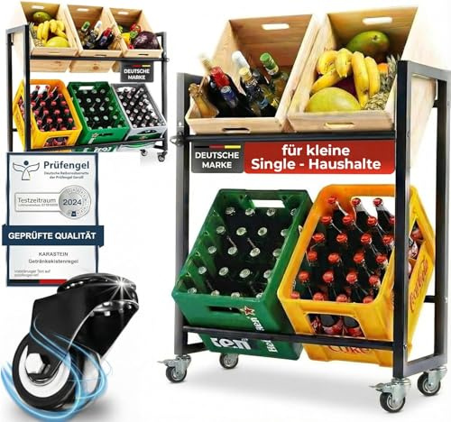 KARASTEIN® Getränkekistenregal mit Rollen für 4 Kisten – Schwerlast bis 150 kg Traglast – Bierkistenregal & Wasserkistenregal für Keller, Garage oder Abstellraum