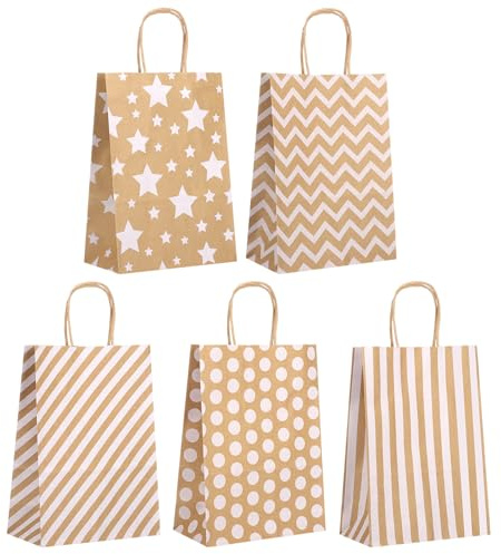woric 25 Stück Papiertüten Braun mit Henkel, 15 x 21 x 8 cm Geschenktüten Klein Kraftpapier Tüten mit Henkel für Geburtstag Hochzeit DIY (5 Stile)