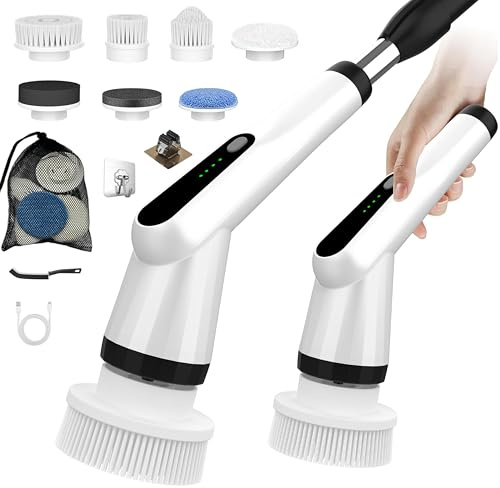 Elektrische Reinigungsbürste, Electric Cleaning Brush mit 7 Wechselbürsten, IPX7 wasserdichte Putzbürste Elektrisch,Verstellbarem Griff Elektrische Bürste für Bad Fliesen Küche Boden Auto Weiß