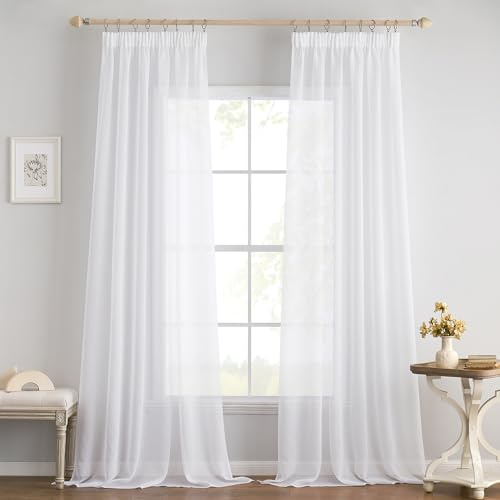 EMEMA Gardinen Vorhänge mit Kräuselband 2er Set B140xH225cm Weiß Vorhang | Vorhänge mit Kräuselband Transparente Gardine für Schienensystem Wohnzimmer Luftig Dekoschal Schlafzimmer 140 X 225cm