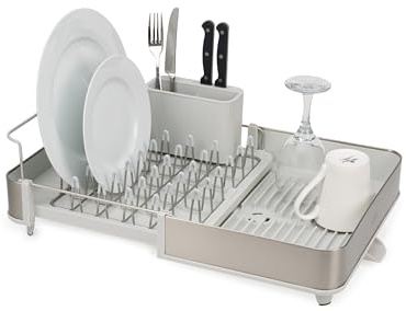 Joseph Joseph Extend Steel Erweiterbares Abtropfgestell mit Abnehmbarem Besteckhalter, schwenkbarem Abtropfstutzen, Geschirrständer, Edelstahl/Stein
