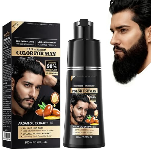 Schwarz Haarfärbeshampoo für Männer, 4-in-1 Black Hair Dye Shampoo mit Arganöl, Haarfarbe Schwarz für Grauabdeckung, Bart Färben Männer, Pflegendes Hair Dye Shampoo mit Pflanzenhaarfarbe, 200ml