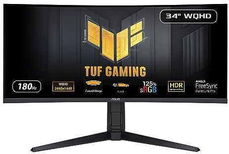 ASUS TUF Gaming VG34VQL3A 34 Zoll Curved Gaming Monitor (WQHD 3440x1440, 180Hz, 1ms GTG, 1500R, ELMB, FreeSync Premium Pro, 125 Prozent sRGB, DisplayHDR 400, DisplayWidget)