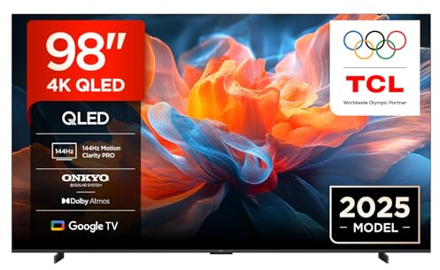 TCL 98T8C 98 Zoll QLED 4K HDR Ultra HD Fernseher, Smart TV mithilfe von Google TV (Dolby Vision Atmos, 144Hz Motion Clarity Pro, Game Bar, ALLM, FreeSync, Onkyo 2.1 Sound,Sprachsteuerung)