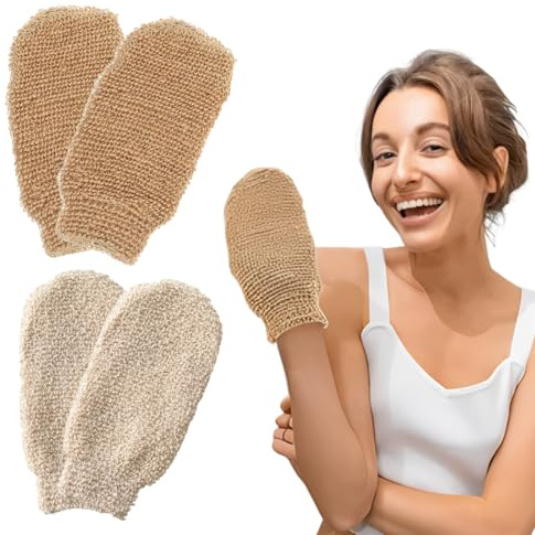 4 Stück Peelinghandschuhe aus Ramie, 2x Robuster Herbst-Ramie (21x11cm) & 2x Sanfter Punkt-Ramie (22x11cm, Hellbeige), Für Tiefenpeeling & Trockenbürsten, Natürlich & Waschbar