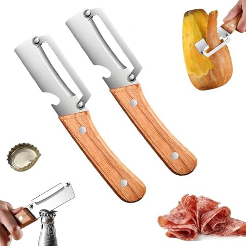 Multifunktionaler Gemüseschäler, Sparschäler & Kartoffelschäler, Edelstahl Gemüseschäler mit Holzgriff, Praktischer Schäler für Obst, Gemüse & Kartoffeln, 2 Stück