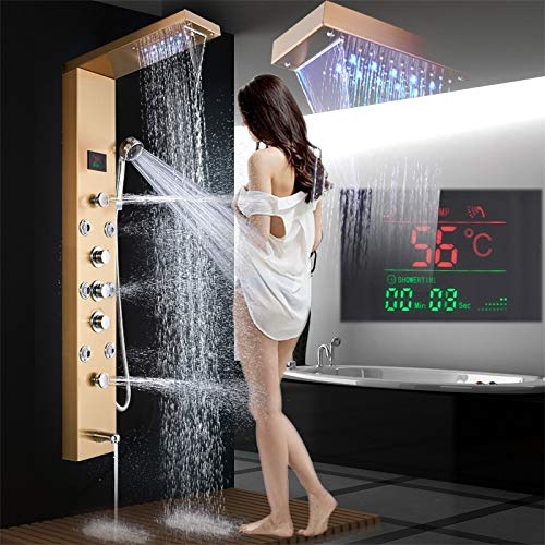 LED Duschpaneel aus rostfreiem Edelstahl mit Wanneneinlauf, Temperaturanzeige und 8 Massagedüsen Farbe: Golden
