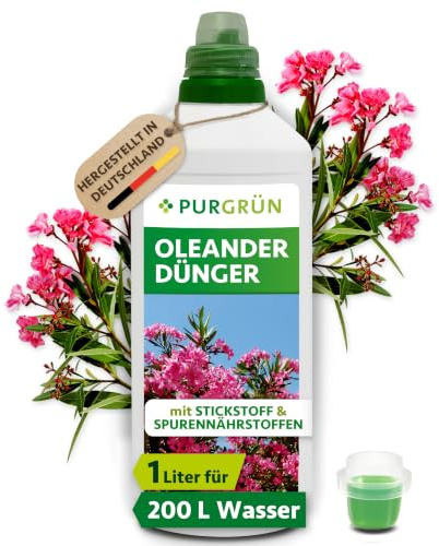 Purgrün® Oleander-Dünger 1 Liter – Prächtige Blüten und gesundes Wachstum – Premium-Flüssigdünger mit Spurennährstoffen – Erhöhte Widerstandskraft dank Kalium – Konzentrat für 200 Liter Gießwasser