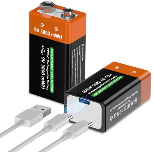 9V blockbatterie Akku, 2025 Neu Aufgerüstet 3800mWh Ultra-Hohe Kapazität Hohe Leistung wiederaufladbare Li-Ionen Akku mit 2 in 1 Typ-c-Ladekabel für Rauchmelder, Mikrofone, und mehr (2, 9V,3800mWh)