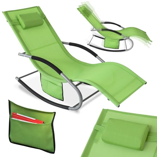 SoBuy Sonnenliege mit Kopfkissen 150x87x63cm Belastbar bis 150kg Garten | Gartenliege mit Praktischer Seitentasche, Stabilem Metallgestell, Outdoor Liegestuhl Atmungsaktivem Bezug, Grün OGS28-GR