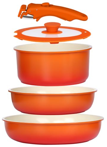 GiPP 5-Teilig Topfset & Pfannenset mit abnehmbarem Griff Induktion | Antihaftbeschichtet, backofenfest, für alle Herdarten inkl. Induktion, PFOA/PFOA-frei, stapelbar(Orangeverlauf,5-Teiliges)