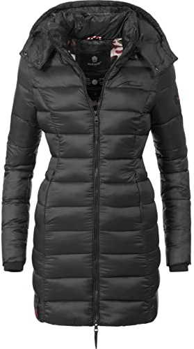 MARIKOO Damen langer Wintermantel warmer Steppmantel mit abnehmbarer Kapuze Abendsternchen Schwarz Gr. M
