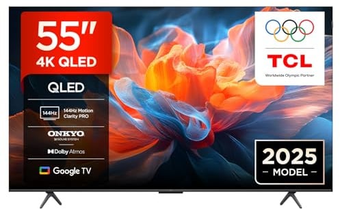 TCL 55T8C 55 Zoll QLED 4K HDR UHD Fernseher, Smart Google TV Dolby Vision & Atmos, 144Hz Motion Clarity Pro, Game Bar, ALLM, FreeSync, Onkyo 2.1 Sound, Sprachsteuerung, Kompatibel mit Google Assistant