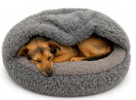 Odolplusz Rundes Kuschel-Hundebett und Katzenbett, Grau, Shaggy Bouclé, Schlafsack-Design, Warmes Höhlenbett, Rutschfester Boden, Maschinenwaschbar, für Mittelgroße Hunde und Große Katzen (80 cm)