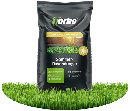 Turbogrün Rasendünger Sommer 10kg, gesunder Rasen verdrängt Moos, Ideal im Sommer, geeignet für Streuwagen, staubarmes Granulat, Rasen dünger, Rasenpflege
