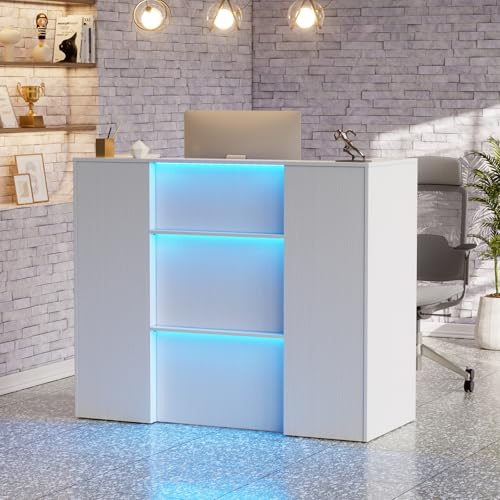 Empfangstheke mit LED, Verkaufstheke 120cmX100cmX50cm mit Abschließbare Schubladen und Regale, Rezeptionstheken mit großer Arbeitsfläche,Rezeptionstheke für Büro,Salon,Geschäft oder Café,weiß,Holz