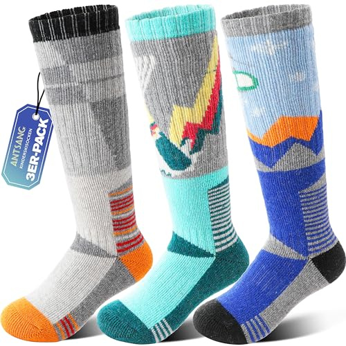 ANTSANG Kinder Merino Woll Skisocken Jungen Mädchen Thermisch Dick Warm Winter Gemütlich Kniehohe Socken zum Skifahren Snowboarden 3 Paar