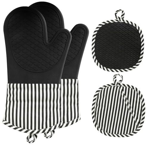 AiQInu Ofenhandschuhe Topflappen Set, Ofenhandschuhe Silikon Bis 230°C, Zwei Handschuhe und Zwei Topflappen, Topfhandschuhe Hitzebeständig für Kochen Backen