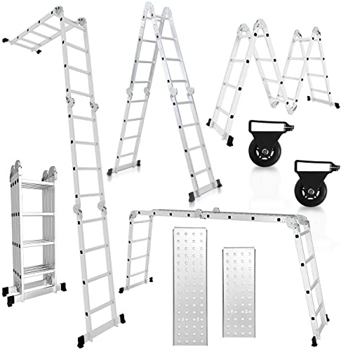 Herrselsam Mehrzweckleiter 4x4, 7in1 Multifunktionsleiter 470CM Alu Vielzweckleiter Klappleiter mit 2 Plattform und Räder, Haushaltsleiter Max Belastung 150kg, Multifunktionsleiter 16 Sprossen