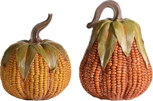 Valery Madelyn 2er Künstlich Kürbis für Herbstdeko Halloweendeko,Innen und Außen,Simulation Kürbisse in Maiskornmuster aus Kunstharz,Fall Decor Tischdeko,Geschenk Thanksgiving,10/12cm(M)