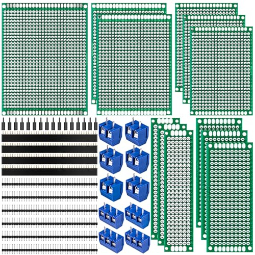 Miuzei 48Stk Lochrasterplatte Kit, 12 Doppelseitig PCB Board Leiterplatte | 12 Platinen in 5 Größen, 10x 40Pin Header, 10 Schraubklemmen 2P/3P 16A, 16 Nylonsäulen, DIY Prototypen & Testaufbauten