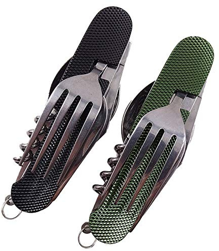 Hiwalker 6 in 1 Edelstahl Klapp besteck Camping besteck Set Outdoor Reise Besteck Kit Abnehmbare Geschirr Bewerben auf Wandern Reise Picknick Campen Festival (Schwarz und Grün)
