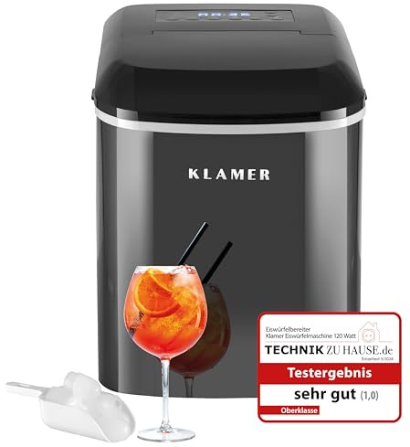 KLAMER Eiswürfelmaschine klein mit Eisschaufel & 2 Eiswürfelgrößen - 10 Eiswürfel in nur 7 Min, 15 kg Eiswürfel pro Tag - leiser Ice Maker mit Timer (schwarz)