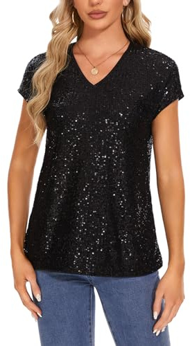 MINTLIMIT Damen Tops Pailletten Glitzer Oberteil Kurzarm Cap Ärmel Bluse (Schwarz XL)