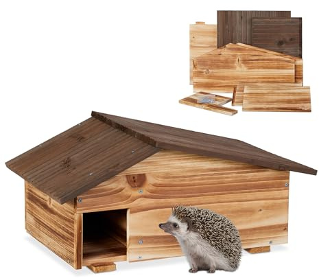 Relaxdays Igelhaus, Holz, Igelhotel mit Boden, 2 Kammern, Winterquartier für Igel, Garten, HBT: 24x46x33,5 cm, braun