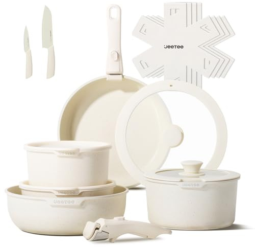 JEETEE Topf und Pfannensets mit abnehmbarem Griff 17-Teilig, Antihaft Pfanneset, Topfset Induktion, Kochtopf Set mit Deckel und Messer, Alle Herde kompatibel, PFOS/PFOA frei, Beige