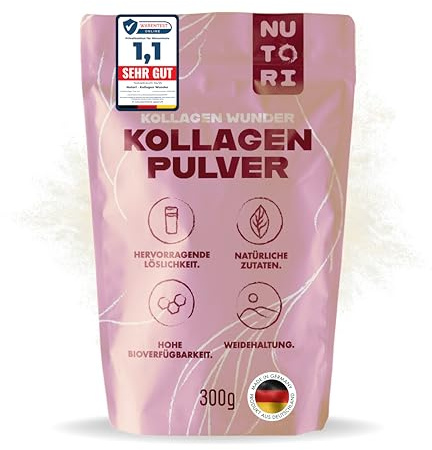 NUTORI - Kollagen Pulver 300 g - Typ I & III - optimale Bioverfügbarkeit und Löslichkeit - Weidehaltung - Collagen Pulver Hydrolysat Peptide - Produziert & laborgeprüft in Deutschland