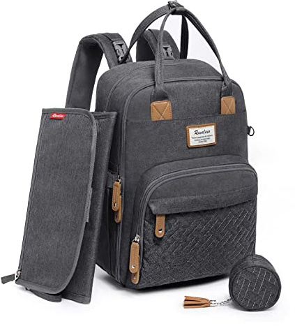 RUVALINO Baby Wickelrucksack Wickeltasche Rucksack mit tragbarer Wickelauflage, Schnullerhalter und Kinderwagengurten, Babytasche Multifunktional für Mama und Papa, Dunkelgrau