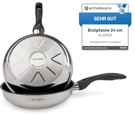 KLAMER Bratpfanne 24cm Induktion – Profi Edelstahlpfanne mit Greblon® C3+ Antihaftbeschichtung, PFOA-frei & backofenfest, für fettarmes Braten ohne Anhaften