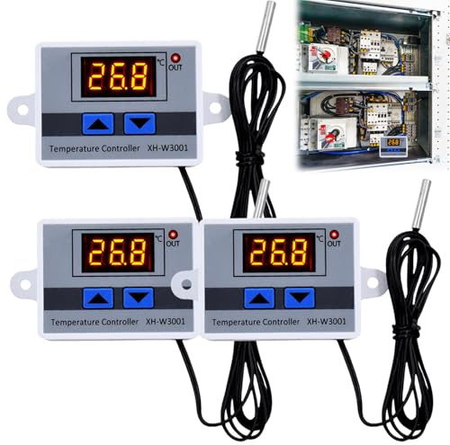 3 Stück Digitaler Temperaturregler, XH-W3001 Digital Thermostat mit Fühler Wasserdichter Sonde AC110V-220V Temperaturschalter LCD Display, Heizung Kühlung