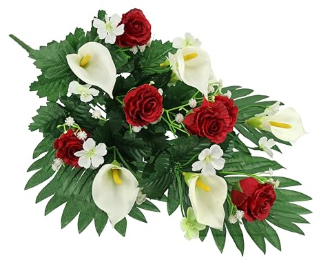Grableger Grabschmuck mit künstlichen Rosen und Calla 48cm Aufleger Kunstblume Grabdeko Friedhofsgesteck Friedhofsdeko Trauerdeko Blüten Arrangement Blume Tischdeko Gesteck Seidenblumen