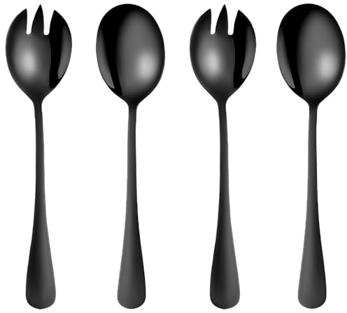 4 Stück 4.5 x 19,5cm Salatbesteck Schwarz, Mittelgroßer Salatbesteck, 2 Salatlöffel und 2 Salatgabel, Poliert und Geschliffen Antihaftbeschichtet Edelstahl Salat Server für Restaurant, Hotel, Picknick