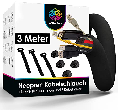 OfficeTree Kabelschlauch Neopren 3 m mit 10 Kabelbindern und Haltern
