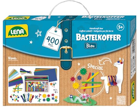 Lena 42715 Bastelkoffer Teile, Material zum Basteln mit Buntem Papier, Moosgummi, Pfeifenreiniger, Wackelaugen, Pompons, Eisstiele und mehr, für Kinder ab 5 Jahre, 400er Blau & Grün