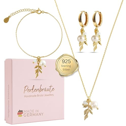 Schmuck mit Perlen Hochzeit – premium 925 Silber Schmuckset & Ohrringe Braut – hochwertiger Brautschmuck Perlen – Damen Schmuck gold Braut – Brautohrringe, Schmuckset Hochzeit Blatt