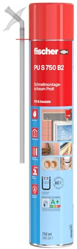 fischer Schnell-Montageschaum PU S 750, Bauschaum für Verfüllung, Dämmung & Isolierung, PU-Schaum inkl. Adapter für sofortigen Einsatz, 750 ml