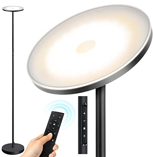 OUTON Stehlampe LED Dimmbar 30W 3000Lumen, Moderne Deckenfluter Stehleuchte Stufenlos mit 4 Farbtemperaturen, Fernbedienung & Touch-Steuerung, 1H Timer für Wohnzimmer Schlafzimmer Büro, Schwarz