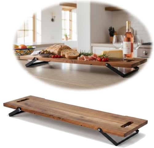 LS-LebenStil XXL Akazie Serviertablett 67cm klappbar Griff Tapas Holz-Tablett Deko-Tablett Frühstückstablett Betttablett Servierbrett Lebensmittelecht zum Hinstellen