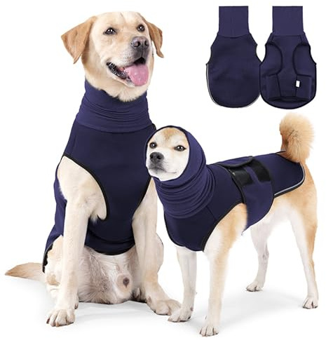Yanmucy Beruhigender Hundemantel mit Hund Snood 2 in 1 Angstlinderung Verstellbare Angstjacke mit Hunde-Kapuzenpullover Ohrenschützer Relieve Nervöser Hund Weste für Feuerwerk Thunder (Blau, L)