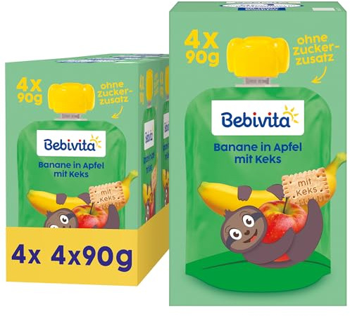Bebivita Banane in Apfel mit Keks Quetschie – 16 Stück (4er Pack, je 4 x 90g), ohne Zuckerzusatz, aus milden Früchten und wertvollem Getreide, ideal für unterwegs und selbständiges Snacken
