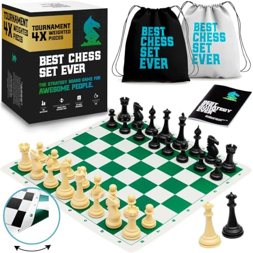 Best Chess Set Ever Profi-Schachset mit 4-Fach gewichteten Staunton-Figuren | Doppelseitiges Silikon-Schachbrett 50x50cm, Staunton-Figuren, 32-seitige Anleitung und Reisetasche. Für Profis und Anfänger