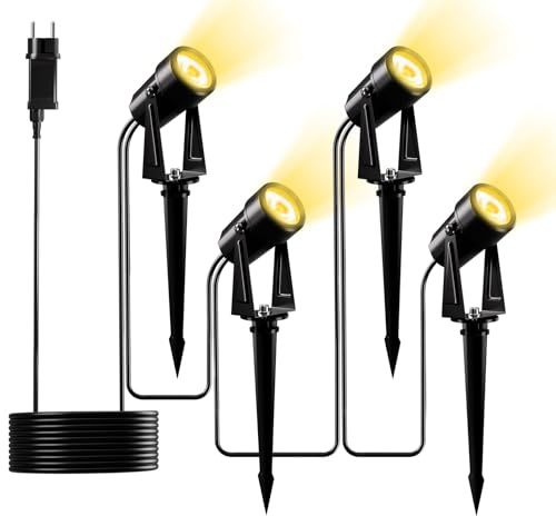 Yuusei Gartenbeleuchtung mit Strom, 4 in 1 Pack 14M Gartenlampen für Draußen, 3000K Warmweiß 27V LED Gartenleuchten mit Strom, IP65 Wasserdicht Gartenstrahler für Außen Garten Terrasse Bäume Rasen