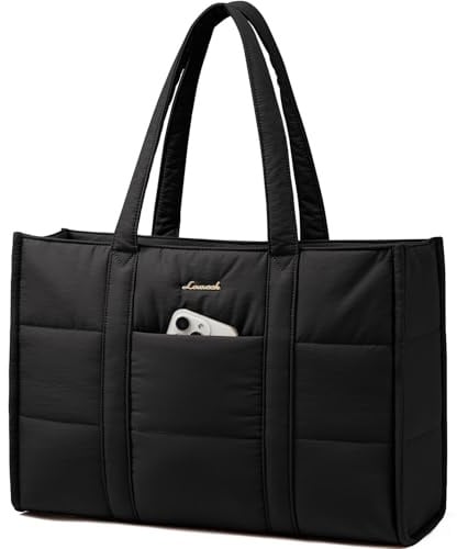 LOVEVOOK Handtasche Damen Groß, Puffer Laptoptasche 15,6 Zoll Shopper Tasche Arbeitstasche Aktentasche, Tote Bag Women Handbag Lehrertasche Schultasche Schultertasche für Uni Business Schule, Schwarz