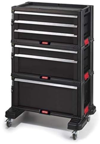 Keter Modul Werkstattwagen mit 6 Schubladen – Werkstattwagen für kleine und große Werkzeuge – Abnehmbare, schwenkbare Rollen mit Bremsen, 3 abnehmbare Module – 56,2 x 28,9 x 74,2 cm
